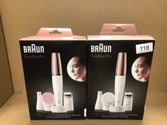 2 X BRAUN FACESPA FACIAL EPILATOR FOR WOMEN, HAIR REMOVAL WITH FACIAL CLEANSING BRUSH HEAD, TONING HEAD & CHARGER STAND, WET & DRY, SE911, WHITE/BRONZE: LOCATION - A