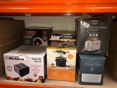 QUANTITY OF KITCHEN & APPLIANCES ITEMS TO INCLUDE TOASTER 4 SLICE TOASTER BT410 STEELINESS STEEL HOUSING BLACK TOASTER 1300W AUTO PUP UP FUNCTION, VARIABLE ELECTRONIC TIMING CONTROL, BLACK: LOCATION