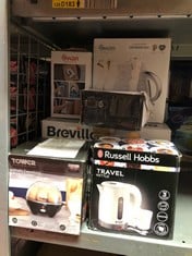 QUANTITY OF KITCHEN & APPLIANCES ITEMS TO INCLUDE RUSSELL HOBBS ELECTRIC 0.85L TRAVEL KETTLE, SMALL & COMPACT, DUAL VOLTAGE, IDEAL FOR ABROAD/CARAVAN/CAMPING, INC 2 CUPS & SPOONS, REMOVABLE WASHABLE