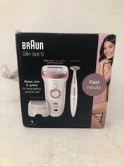 BRAUN SILK-PIL 9 EPILATOR FOR LONG-LASTING HAIR REMOVAL WITH ELECTRIC SHAVER & TRIMMER & BIKINI TRIMMER, 100% WATERPROOF, UK 2 PIN PLUG, 9-890, WHITE.: LOCATION - A