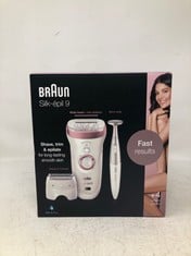 BRAUN SILK-PIL 9 EPILATOR FOR LONG-LASTING HAIR REMOVAL WITH ELECTRIC SHAVER & TRIMMER & BIKINI TRIMMER, 100% WATERPROOF, UK 2 PIN PLUG, 9-890, WHITE.: LOCATION - A