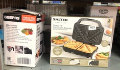 QUANTITY OF KITCHEN & APPLIANCES ITEMS TO INCLUDE SALTER SANDWICH TOASTER – NON-STICK, DEEP FILL TOASTIE MAKER, COOK 2 TOASTED SANDWICHES TOGETHER, 4 SLICE GRILL PRESS, AUTOMATIC TEMPERATURE CONTROL,