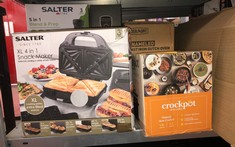 QUANTITY OF KITCHEN & APPLIANCES ITEMS TO INCLUDE SALTER EK2143FOUR XL 4-IN-1 SNACK MAKER - REMOVABLE NON-STICK COOKING PLATES, PANINI PRESS, ELECTRIC GRILL, OMELETTE/WAFFLE IRON, TOASTIE MAKER, SAND