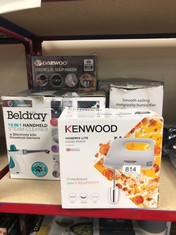 QUANTITY OF  ITEMS TO INCLUDE KENWOOD HAND MIXER,ELECTRIC WHISK, 5 SPEEDS, STAINLESS STEEL KNEADERS AND BEATERS FOR DURABILITY AND STRENGTH, 450 W, HMP30.A0WH, WHITE: LOCATION - K