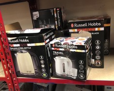 QUANTITY OF KITCHEN & APPLIANCES ITEMS TO INCLUDE RUSSELL HOBBS ELECTRIC 0.85L TRAVEL KETTLE, SMALL & COMPACT, DUAL VOLTAGE, IDEAL FOR ABROAD/CARAVAN/CAMPING, INC 2 CUPS & SPOONS, REMOVABLE WASHABLE