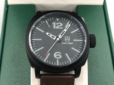 MENS FRANK SCHMIDT WATCH LARGE BLACK CASE WHITE PILOT DIAL BROWN  FABRIC STRAP 3ATM WATER RESISTANT GIFT BOX INCLUDED EST £290: LOCATION - TOP 50 RACK