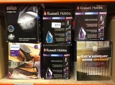 QUANTITY OF KITCHEN & APPLIANCES ITEMS TO INCLUDE RUSSELL HOBBS POWER STEAM ULTRA IRON, CERAMIC NON-STICK SOLEPLATE, 210G STEAM SHOT, 70G CONTINUOUS STEAM, 350ML WATER TANK, SELF-CLEAN, ANTI-CALC & A