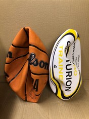 QUANTITY OF SPORTS & EXERCISE ITEMS TO INCLUDE CENTURION NERO TRAINER RUGBY BALL, YELLOW, SIZE 4: LOCATION - D