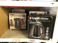 QUANTITY OF KITCHEN & APPLIANCES ITEMS TO INCLUDE RUSSELL HOBBS HONEYCOMB ELECTRIC 1.7L CORDLESS KETTLE (FAST BOIL 3KW, BLACK PREMIUM PLASTIC, MATT & HIGH GLOSS FINISH, REMOVABLE WASHABLE ANTI-SCALE