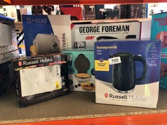 QUANTITY OF KITCHEN & APPLIANCES ITEMS TO INCLUDE RUSSELL HOBBS HONEYCOMB ELECTRIC 1.7L CORDLESS KETTLE (FAST BOIL 3KW, BLACK PREMIUM PLASTIC, MATT & HIGH GLOSS FINISH, REMOVABLE WASHABLE ANTI-SCALE