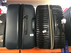 LARGE NAVY BLUE IT SUITCASE WITH PLASTIC SHELL AND LARGE BLACK RIDGED IT SUITCASE WITH PLASTIC SHELL: LOCATION - F