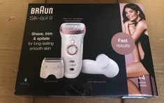 BRAUN SILK EPIL 9 EPILATOR HAIR REMOVAL, INCLUDES FACIAL CLEANSING BRUSH HIGH FREQUENCY MASSAGE CAP SHAVER AND TRIMMER HEAD, CORDLESS, WET & DRY, 100% WATERPROOF, UK 2 PIN PLUG, 9-880, WHITE/PINK.: L