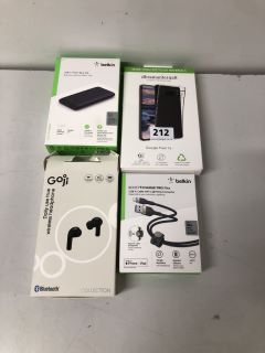 4 X ASSORTED ITEMS TO INCLUDE BELKIN BOOSTCHARGE PRO FLEX USB-A CABLE WITH LIGHTNING CONNECTOR