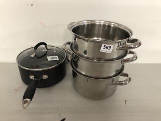 QTY OF ASSORTED COOKING PANS TO INCLUDE SAUCEPAN WITH GLASS LID