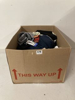 BOX OF ASSORTED CLOTHING IN VARIOUS SIZES & DESIGNS