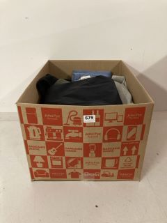 BOX OF ASSORTED CLOTHING IN VARIOUS SIZES & DESIGNS