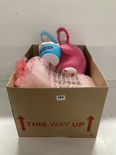 BOX OF ASSORTED ITEMS TO INCLUDE PINK SOFT TOY