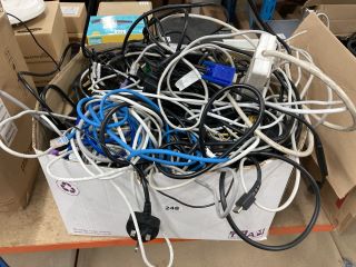 A LARGE BOX OF CABLES AND CHARGERS ETC