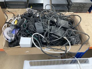 A LARGE BOX OF CABLES AND CHARGERS ETC