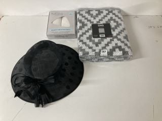 WEDDING HAT, BABY CLOTHING SET AND AN OUTDOOR RUG