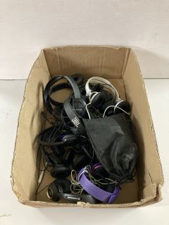 A BOX OF ASSORTED HEADPHONES