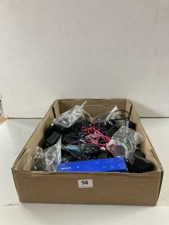 A BOX OF WIRELESS SPEAKERS AND EARPHONES ETC