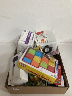 BOX OF ASSORTED ITEMS INC ALPHABET BLOCKS