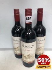 3 X BOTTLES OF ALAMOS MALBEC 2021 RED WINE 75CL (18+ ONLY) (COLLECTION DAYS MONDAY 2ND SEPTEMBER - WEDNESDAY 4TH SEPTEMBER)