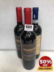 3 X ASSORTED BOTTLES OF WINE TO INCLUDE BENDITO RESERVA SHIRAZ 2022 75CL (18+ ONLY) (COLLECTION DAYS MONDAY 2ND SEPTEMBER - WEDNESDAY 4TH SEPTEMBER)