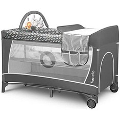 LIONELO FLOWER 4 IN 1 TRAVEL COT 65 X 125 X 76 CM FOR CHILDREN UP TO 15 KG MATTRESS ORGANISER CHANGING MAT TOY BAR INTERACTIVE TOYS 2 REUDAS COMPACT CARRY BAG GREY - LOCATION 9C.