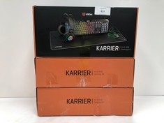 3 X KROM KARRIER - GAMING PACK - RGB RAINBOW LED MEMBRANE KEYBOARD, 19 ANTI-GHOSTING KEYS, 3600 DPI OPTICAL MOUSE, 50MM STEREO HEADSET, XXL NON-SLIP RUBBER MOUSEPAD, LAYOUT, BLACK (MAY BE BROKEN OR I