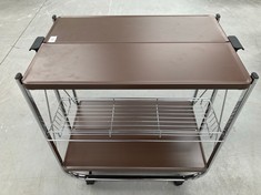 FOLDING WAITER TABLE WITH CASTORS IN DARK BROWN AND METAL SKELETON.