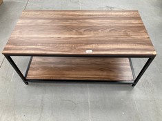 COFFEE TABLE WITH TWO HEIGHTS, DARK WOOD COLOUR AND BLACK METAL SKELETON (CORNER CHOPPED).