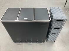 2 X HOUSEHOLD ITEMS INCLUDING RECYCLING BIN WITH THREE BINS AND BLACK FOOT ACTUATOR.