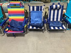 3 X CREVICOSTA BEACH CHAIRS INCLUDING FOLDING CHAIR WITH BLUE AND WHITE CANOPY.