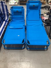 2 X CREVICOSTA FUSION BLUE BEACH LOUNGERS WITH PARASOL.