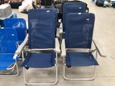 4 X DARK BLUE AKTIVE FOLDING CHAIRS INCLUDING 1 WITH BOARD UNDER THE SEAT.