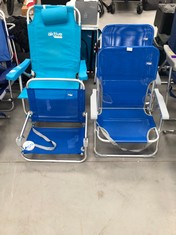 4 X AKTIVE FOLDING CHAIRS INCLUDING 1 WITH TURQUOISE POCKETS (BROKEN).