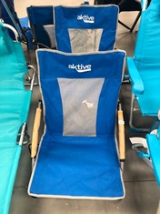 2 X AKTIVE FOLDING CHAIRS WITH BLUE COASTERS.