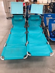 2 X CREVICOSTA TURQUOISE CREVICOSTA FOLDING SUN LOUNGERS WITH PARASOL.