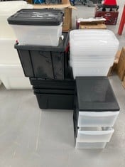 VARIETY OF PLASTIC STORAGE BOXES (MAY BE BROKEN OR INCOMPLETE).