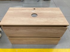 BATHROOM VANITY UNIT WITH TWO WOODEN STYLE DRAWERS (CORNER OF THE FIRST DRAWER BROKEN).