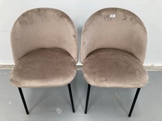 2 X BROWN VELVET ARMCHAIRS WITH BLACK METAL SKELETON.