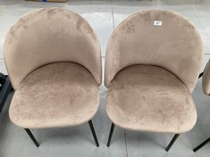 2 X BROWN VELVET ARMCHAIRS WITH BLACK METAL SKELETON.