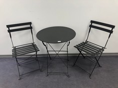 SET OF TABLE AND 2 BLACK FOLDING GARDEN CHAIRS (ONE CHAIR IS BROKEN).