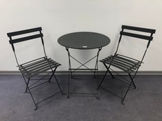 SET OF TABLE AND 2 BLACK FOLDING GARDEN CHAIRS.