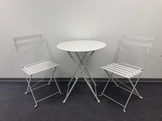 SET OF TABLE AND 2 WHITE FOLDING GARDEN CHAIRS.