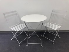 SET OF TABLE AND 2 WHITE FOLDING GARDEN CHAIRS.