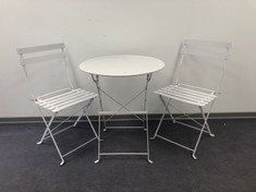 SET OF TABLE AND 2 WHITE FOLDING GARDEN CHAIRS.