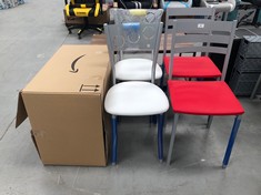 6 X KITCHEN CHAIRS OF DIFFERENT MAKES AND MODELS INCLUDING 2 RED (BROKEN).